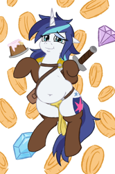 Size: 960x1444 | Tagged: safe, artist:jargon scott, imported from derpibooru, shining armor, pony, unicorn, armor, belly button, boots, cake, chubby, clothes, coin, fat, female, food, gem, gleaming shield, loincloth, looking at you, mare, rule 63, shining blubber, shoes, smiling, solo, sword, unconvincing armor, weapon