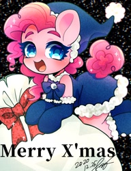 Size: 1378x1791 | Tagged: safe, artist:bbtasu, imported from derpibooru, pinkie pie, semi-anthro, black background, christmas, christmas stocking, clothes, costume, cute, diapinkes, female, hat, holiday, no nose, open mouth, sack, santa costume, santa hat, simple background, snow, snowfall, solo, thick eyebrows