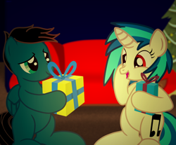 Size: 7968x6600 | Tagged: safe, artist:agkandphotomaker2000, imported from derpibooru, dj pon-3, vinyl scratch, oc, oc:pony video maker, pegasus, pony, unicorn, blurry background, canon x oc, christmas, christmas tree, couch, female, gift exchange, hearth's warming eve, holding, holiday, male, present, shipping, show accurate, straight, surprised, tree, videoscratch