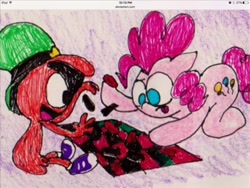 Size: 960x720 | Tagged: artist needed, source needed, safe, imported from derpibooru, pinkie pie, alien, earth pony, pony, checkers, crossover, duo, female, male, tongue out, wander (wander over yonder), wander over yonder