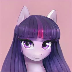 Size: 1024x1024 | Tagged: safe, artist:thisponydoesnotexist, imported from derpibooru, pony, ai content, ai generated, bust, generator:thisponydoesnotexist, looking at you, neural network, not twilight sparkle, pink background, portrait, simple background, solo