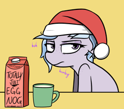 Size: 1450x1280 | Tagged: safe, artist:pinkberry, imported from derpibooru, oc, oc only, oc:winter azure, earth pony, pony, christmas, colt, cute, earth pony oc, eggnog, eyelashes, femboy, foal, freckles, frown, girly, hat, holiday, looking offscreen, male, mug, ocbetes, santa hat, shoulder freckles, solo, spiked drink, tired, trap, upset