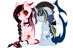 Size: 3032x1978 | Tagged: safe, artist:riariirii2, imported from derpibooru, oc, oc only, bat pony, pony, unicorn, bat pony oc, bat wings, bow, braid, collar, duo, eyelashes, hair bow, hat, horn, pirate hat, simple background, smiling, transparent background, unicorn oc, wings