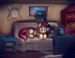 Size: 4200x3300 | Tagged: safe, artist:viwrastupr, imported from derpibooru, daisy, flower wishes, lily, lily valley, roseluck, oc, oc:spark gap, bat pony, earth pony, pony, fanfic:fine print, bat pony oc, bat wings, canon x oc, couch, fanfic art, female, fimfiction, flower trio, male, mare, rosegap, stallion, television, the nightmare before christmas, trio, wings