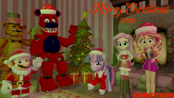 Size: 3840x2160 | Tagged: safe, artist:optimussparkle, imported from derpibooru, fluttershy, sunset shimmer, twilight sparkle, alicorn, bear, human, pony, robot, equestria girls, 3d, christmas, christmas lights, christmas ornament, christmas ornaments, christmas outfit, christmas presents, christmas tree, clothes, costume, crossover, decoration, female, five nights at freddy's, freddy fazbear, hat, holiday, male, mare, mario, merry christmas, present, santa costume, santa hat, source filmmaker, super mario bros., tree, twilight sparkle (alicorn)