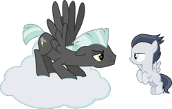 Size: 9177x5847 | Tagged: safe, artist:cloudy glow, artist:cloudyglow, artist:dashiesparkle edit, artist:gurugrendo, edit, editor:slayerbvc, imported from derpibooru, vector edit, rumble, thunderlane, pegasus, pony, brothers, cloud, coat markings, colt, eye contact, floating, flying, grin, looking at each other, male, siblings, simple background, smiling, socks (coat markings), stallion, transparent background, vector