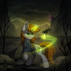 Size: 1920x1920 | Tagged: safe, artist:hioshiru, imported from derpibooru, oc, oc only, oc:littlepip, pony, unicorn, fallout equestria, canterlot, cheek fluff, clothes, cover art, cutie mark, ear fluff, fanfic, fanfic art, female, floppy ears, glowing horn, gun, handgun, hooves, horn, jumpsuit, leg fluff, levitation, little macintosh, magic, mare, optical sight, pink cloud (fo:e), pipbuck, revolver, shirt, slim, solo, telekinesis, vault suit, wasteland, weapon