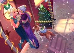 Size: 2048x1447 | Tagged: safe, artist:w33484365, artist:卯卯七, imported from derpibooru, applejack, rainbow dash, tank, winona, dog, human, anime, appledash, christmas, christmas lights, christmas tree, female, holiday, human coloration, humanized, lesbian, shipping, snow, snowfall, tree