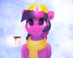 Size: 3067x2411 | Tagged: safe, artist:thefloatingtree, imported from derpibooru, twilight sparkle, alicorn, pony, bust, clothes, female, folded wings, front view, full face view, glowing horn, hat, high res, horn, hot drink, magic, mare, mug, scarf, smiling, snow, snowfall, solo, telekinesis, twilight sparkle (alicorn), wings, winter outfit