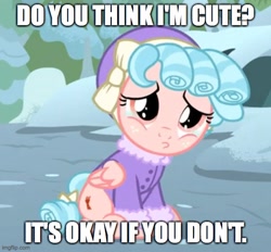 Size: 539x500 | Tagged: safe, edit, edited screencap, imported from derpibooru, screencap, cozy glow, pegasus, pony, frenemies (episode), bronybait, caption, clothes, cozybetes, cute, female, filly, foal, image macro, imgflip, solo, text, winter outfit