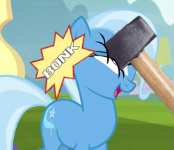 Size: 741x641 | Tagged: safe, edit, edited screencap, imported from derpibooru, screencap, trixie, pony, abuse, bonk, cartoon violence, hammer, sledgehammer, solo, trixiebuse