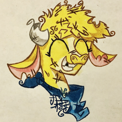 Size: 2075x2075 | Tagged: safe, artist:calebk64, imported from derpibooru, arizona cow, cow, them's fightin' herds, arizona (tfh), bruised, cao, chipped horn, clothes, colored pencil drawing, community related, eyes closed, female, horn, missing teeth, moo, simple background, smiling, traditional art, white background