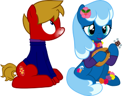 Size: 2000x1586 | Tagged: safe, artist:pilot231, imported from derpibooru, oc, oc only, oc:max mustang, oc:sea foam ep, earth pony, pony, derpibooru community collaboration, 2021 community collab, clothes, female, holly, lei, male, mare, musical instrument, simple background, snow tip nose, stallion, sweater, transparent background, ukulele, vector