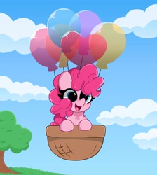 Size: 3678x4096 | Tagged: safe, artist:kittyrosie, imported from derpibooru, pinkie pie, earth pony, pony, balloon, basket, blushing, chest fluff, cloud, cute, diapinkes, digital art, female, floating, happy, heart, heart balloon, high res, mare, open mouth, sky, smiling, solo, then watch her balloons lift her up to the sky, tree, weapons-grade cute