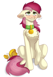 Size: 1999x2883 | Tagged: safe, artist:chibadeer, imported from derpibooru, roseluck, cat, cat pony, original species, pony, behaving like a cat, broken, chest fluff, christmas ornament, collar, commissioner:doom9454, cute, decoration, female, floppy ears, fluffy, mare, pet tag, pony pet, purring, rosepet, solo