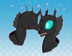 Size: 1553x1190 | Tagged: safe, artist:cha-squared, imported from derpibooru, oc, oc only, oc:coxa, oc:mimesis, changeling, pony, abstract background, cheek kiss, couple, heart, kiss on the cheek, kissing, oc x oc, red changeling, secret santa, shipping, surprised