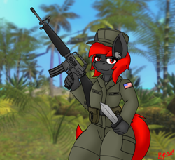 Size: 2961x2700 | Tagged: safe, artist:ryanthecone, imported from derpibooru, oc, oc:ryanthecone, anthro, earth pony, assault rifle, curvy, gun, knife, m16, no trigger discipline, rifle, soldier, thick, us army, vietnam war, weapon