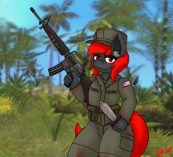 Size: 2961x2700 | Tagged: safe, artist:ryanthecone, imported from derpibooru, oc, oc:ryanthecone, anthro, earth pony, assault rifle, blood, blood stains, curvy, gun, knife, m16, no trigger discipline, rifle, soldier, thick, us army, vietnam war, weapon, worn out