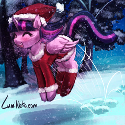 Size: 750x750 | Tagged: safe, artist:lumineko, imported from derpibooru, twilight sparkle, alicorn, pony, christmas, clothes, costume, cute, digital art, eyes closed, female, folded wings, happy, hat, hearth's warming eve, holiday, hopping, lumineko is trying to murder us, mare, open mouth, pronking, santa costume, santa hat, signature, smiling, snow, snowfall, solo, tree, twiabetes, twilight sparkle (alicorn), wings