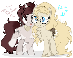 Size: 1280x1022 | Tagged: safe, artist:mintoria, imported from derpibooru, oc, oc only, oc:dusty, oc:jackson, pegasus, pony, unicorn, chest fluff, female, male, mare, simple background, stallion, transparent background, two toned wings, wings