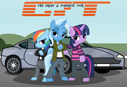 Size: 2400x1655 | Tagged: safe, artist:grapefruitface1, imported from derpibooru, rainbow dash, trixie, twilight sparkle, pony, aston martin, aston martin dbr9, base used, car, clothes, cosplay, costume, crossed arms, crossover, jacket, leaning, leather jacket, outdoors, polo shirt, pose, road, shirt, show accurate, striped shirt, the grand tour, top gear