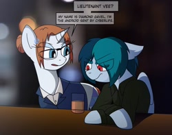 Size: 1900x1500 | Tagged: safe, artist:wolftendragon, imported from derpibooru, oc, oc:delta vee, oc:diamond gavel, android, pegasus, robot, unicorn, bar, clothes, comic, crossover, detroit: become human, dialogue, fanart, the implications are horrible, video game