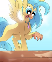 Size: 1707x2048 | Tagged: safe, artist:wolftendragon, imported from derpibooru, princess skystar, hippogriff, my little pony: the movie, happy, looking down, open mouth, spread wings, staircase, stairs, wings