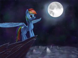 Size: 4000x3000 | Tagged: safe, artist:cyonixcymatro, imported from derpibooru, rainbow dash, pegasus, pony, female, mare, moon, mountain, night, scenery, solo, spread wings, wings