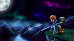 Size: 6400x3600 | Tagged: safe, artist:cyonixcymatro, imported from derpibooru, oc, oc only, oc:littlepip, pony, unicorn, fallout equestria, absurd resolution, female, mare, moon, mountain, night, one hoof raised, raised hoof, scenery, solo