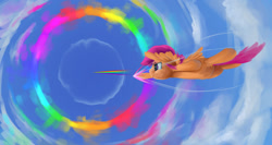 Size: 1383x738 | Tagged: safe, artist:cyonixcymatro, imported from derpibooru, rainbow dash, scootaloo, pegasus, pony, atg 2019, flying, newbie artist training grounds, rainbow trail, scootaloo can fly, sky, sonic rainboom