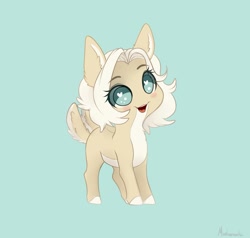 Size: 2201x2099 | Tagged: safe, artist:miokomata, imported from derpibooru, oc, oc only, oc:clay, oc:clay akuma, earth pony, fennec fox, fox, fox pony, hybrid, original species, pony, blue background, blush sticker, blushing, chibi, cute, deer tail, double tail, female, heart eyes, mare, no pupils, ocbetes, open mouth, pale belly, simple background, solo, two tails, wingding eyes