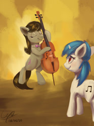 Size: 973x1311 | Tagged: safe, artist:cyonixcymatro, imported from derpibooru, dj pon-3, octavia melody, vinyl scratch, earth pony, pony, unicorn, atg 2020, bipedal, cello, eyes closed, female, lesbian, mare, musical instrument, newbie artist training grounds, pizzicato, quadrupedal, scratchtavia, shipping