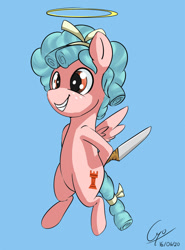 Size: 1000x1349 | Tagged: safe, artist:cyonixcymatro, imported from derpibooru, cozy glow, pegasus, pony, atg 2020, blue background, halo, innocent, knife, newbie artist training grounds, simple background, smiling, solo