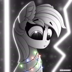 Size: 1920x1920 | Tagged: safe, alternate version, artist:alexbefest, imported from derpibooru, oc, oc only, earth pony, pony, christmas, christmas lights, christmas tree, gray, holiday, monochrome, neo noir, partial color, simple background, solo, tree