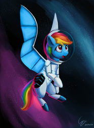 Size: 1000x1350 | Tagged: safe, artist:cyonixcymatro, imported from derpibooru, rainbow dash, pegasus, pony, female, mare, solo, space, space helmet, spacesuit