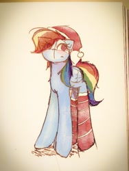 Size: 2119x2825 | Tagged: safe, artist:papersurgery, imported from derpibooru, rainbow dash, pegasus, pony, christmas, hat, hearth's warming eve, high res, holiday, santa hat, solo, traditional art