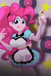 Size: 1600x2400 | Tagged: safe, artist:geraritydevillefort, imported from derpibooru, pinkie pie, coinky-dink world, eqg summertime shorts, equestria girls, breasts, busty pinkie pie, licking, licking lips, looking at you, milkshake, server pinkie pie, smiling, smiling at you, solo, tongue out