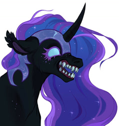 Size: 1280x1343 | Tagged: safe, artist:switchsugar, imported from derpibooru, nightmare moon, alicorn, pony, cheek fluff, ear fluff, fangs, floppy ears, scary, sharp teeth, simple background, snarling, solo, teeth, white background