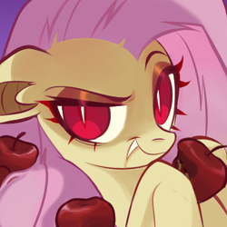 Size: 400x400 | Tagged: safe, artist:switchsugar, imported from derpibooru, fluttershy, bat pony, pony, apple, bat ponified, bust, cute, dreamworks face, fangs, female, flutterbat, food, hoof hold, looking at you, mare, portrait, race swap, red eyes, shyabates, shyabetes, slit eyes, slit pupils, smiling, solo, three quarter view