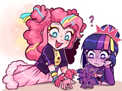 Size: 1288x956 | Tagged: safe, artist:switchsugar, imported from derpibooru, pinkie pie, sci-twi, twilight sparkle, alicorn, earth pony, pony, equestria girls, anarchy stocking, angel, clothes, duo, jacket, panty and stocking with garterbelt, question mark, skirt, toy, twilight sparkle (alicorn), white pupils