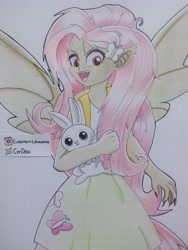 Size: 3120x4160 | Tagged: safe, artist:crydevi, imported from derpibooru, angel bunny, fluttershy, bat pony, rabbit, equestria girls, animal, backpack, bat ponified, claws, fangs, flutterbat, open mouth, open smile, ponied up, race swap, red eyes, smiling