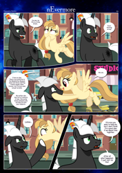 Size: 3259x4607 | Tagged: safe, artist:estories, imported from derpibooru, bruce mane, golden crust, millie, oc, oc only, oc:alice goldenfeather, oc:curly mane, oc:möbius, oc:wildheart, cat, earth pony, pegasus, pony, unicorn, comic:nevermore, comic, food, horn, pegasus oc, speech bubble, taco, taxi pony, unicorn oc, wings