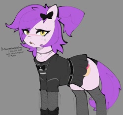 Size: 1203x1121 | Tagged: safe, artist:lunarmarshy, imported from derpibooru, oc, oc only, oc:marshmallow, earth pony, pony, belt, blushing, bow, clothes, cute, cutie mark, dress, fishnets, jewelry, lipstick, makeup, mole, necklace, pink coat, ponytail, purple hair, socks, solo, speech, stockings, talking, thigh highs, trembling, yellow eyes