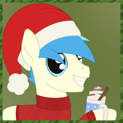 Size: 1425x1425 | Tagged: safe, artist:dyonys, imported from derpibooru, oc, oc:chatty pie, earth pony, chocolate, christmas, food, holiday, hot chocolate, male, smiling, stallion