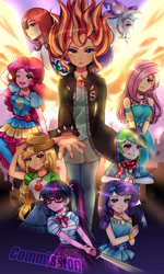 Size: 1280x2134 | Tagged: safe, artist:hanasakiyunarin, imported from derpibooru, applejack, fluttershy, moondancer, pinkie pie, rainbow dash, rarity, sci-twi, sunset shimmer, trixie, twilight sparkle, fanfic:spectacular seven, equestria girls, commission, cutie mark accessory, daydream shimmer, fiery wings, geode of fauna, geode of shielding, geode of sugar bombs, geode of super speed, geode of super strength, geode of telekinesis, humane five, humane seven, humane six, magical geodes, open mouth, smiling, sword, weapon, wings