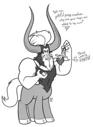 Size: 584x800 | Tagged: safe, imported from derpibooru, lord tirek, alicorn, centaur, pony, cloven hooves, fart, grayscale, implied farting, male, monochrome, nose piercing, nose ring, piercing, septum piercing, simple background, white background