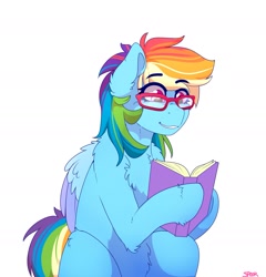Size: 1593x1659 | Tagged: safe, artist:aaa-its-spook, imported from derpibooru, rainbow dash, pegasus, pony, book, egghead, egghead dash, female, glasses, rainbow dork, reading, simple background, solo, white background