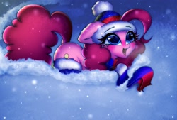 Size: 2853x1932 | Tagged: safe, artist:mite-lime, imported from derpibooru, pinkie pie, earth pony, pony, blushing, cheek fluff, clothes, cold, cute, cyrillic, diapinkes, dock, dock fluff, ear fluff, floppy ears, hat, open mouth, russia, scarf, snow, snowflake, socks, solo, stockings, thigh highs, winter