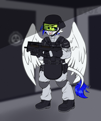 Size: 2000x2400 | Tagged: safe, artist:etoz, imported from derpibooru, oc, oc only, oc:light speed, anthro, griffon, unicorn, anthro oc, armpits, belt, boots, bulletproof vest, clothes, commission, eyebrows, gloves, griffon oc, gun, helmet, male, pants, pockets, scp, scp foundation, shoes, smiling, solo, weapon, wingding eyes, wings