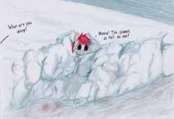 Size: 1280x878 | Tagged: safe, artist:myzanil, imported from derpibooru, oc, oc only, oc:myza nil red, pegasus, pony, colored pencil drawing, looking at you, smiling, snow, solo, text, traditional art, true story, winter, young
